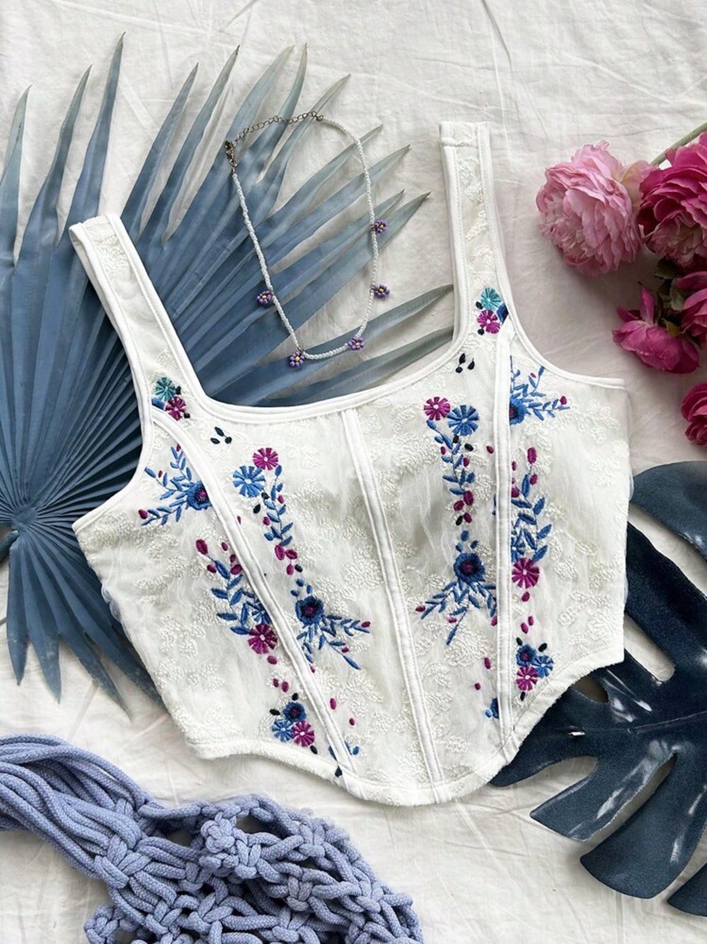 Ivory Floral Embroidered Square-Neck Crop Top